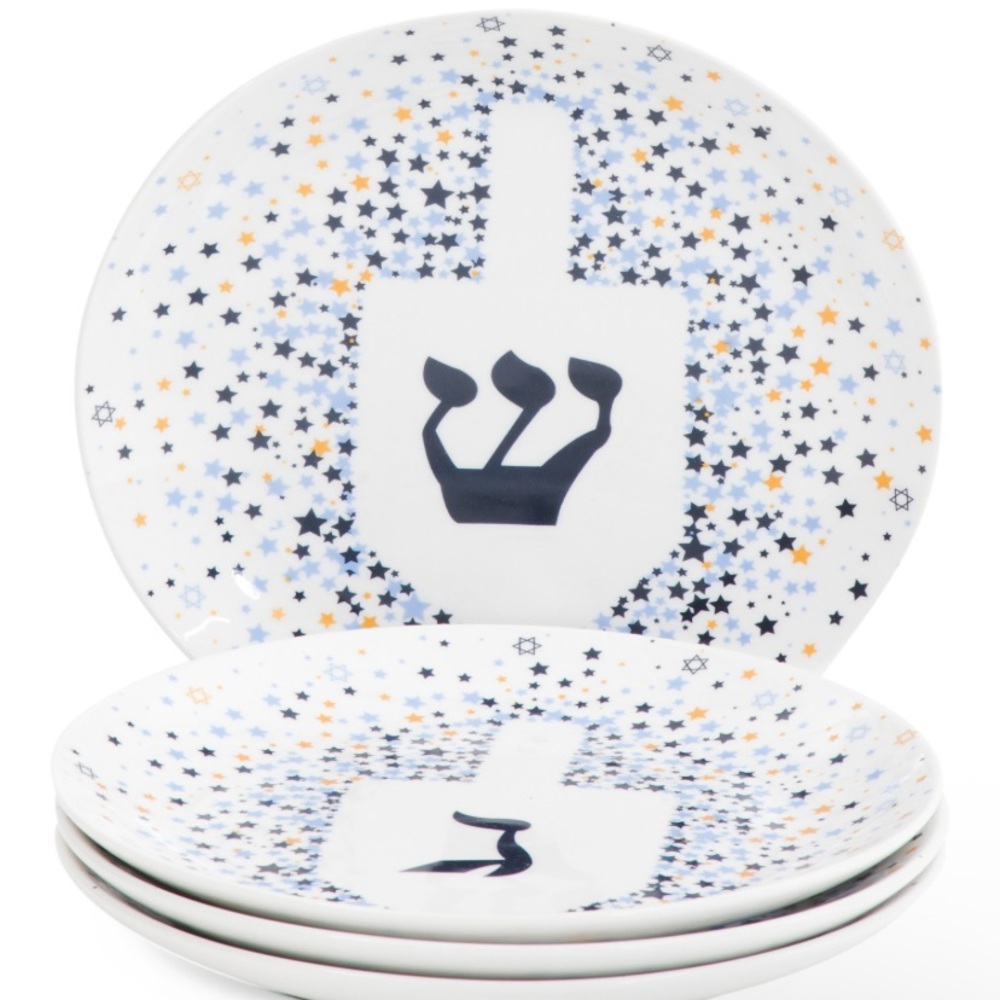 NWT Hanukkah Set Of 4 Appetizer Plates Dreidels Hebrew Letters נ ג ה ש 6” China